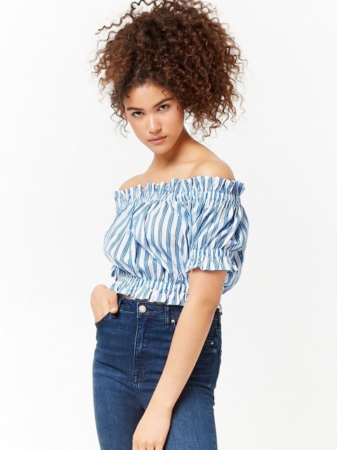 

FOREVER 21 Women Blue Striped Bardot Crop Pure Cotton Top