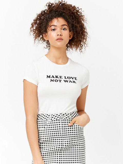 

FOREVER 21 Women White Printed Round Neck T-shirt