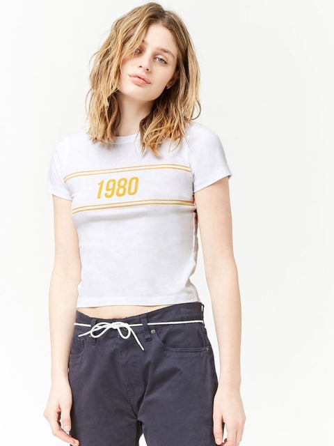 

FOREVER 21 Women White Printed Round Neck T-shirt