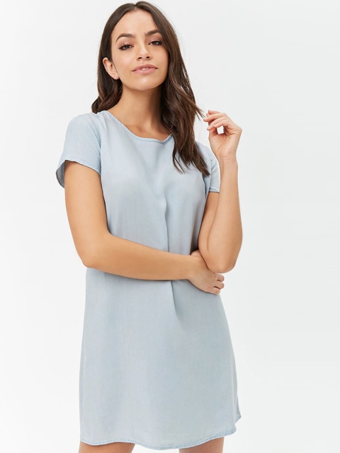 

FOREVER 21 Women Denim Blue Solid Chambray A-Line Dress