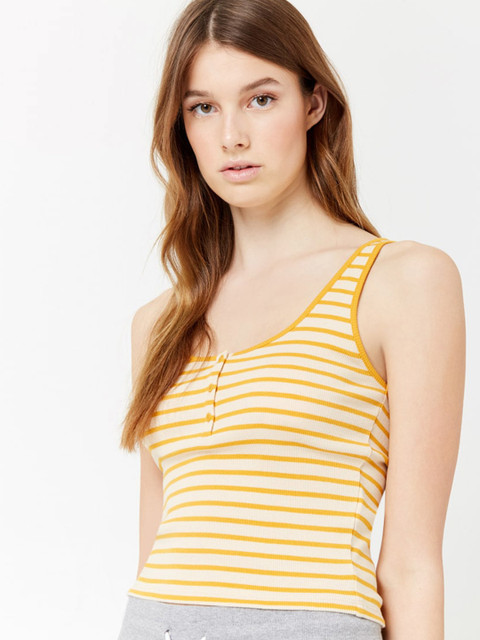 

FOREVER 21 Women & Cream-Coloured Yellow Striped Fitted Pure Cotton Top