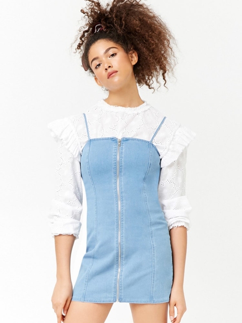 

FOREVER 21 Women Blue Solid Denim Pinafore Dress