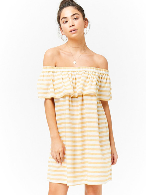 

FOREVER 21 Women Beige & White Striped A-Line Dress