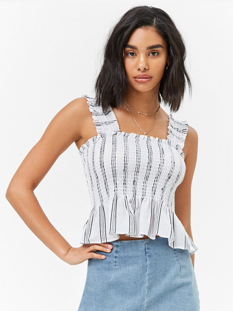 

FOREVER 21 Women White & Black Striped Peplum Top
