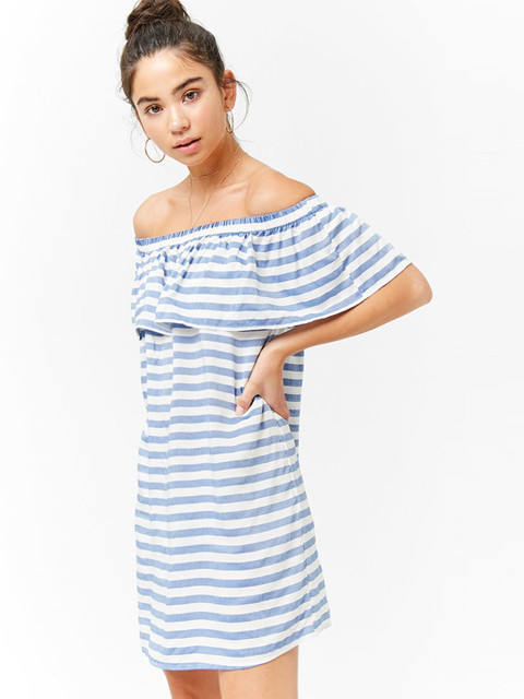 

FOREVER 21 Women Blue & White Striped Off-Shoulder A-Line Dress