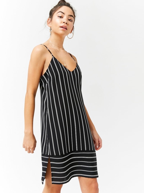 

FOREVER 21 Women Black Striped A-Line Dress