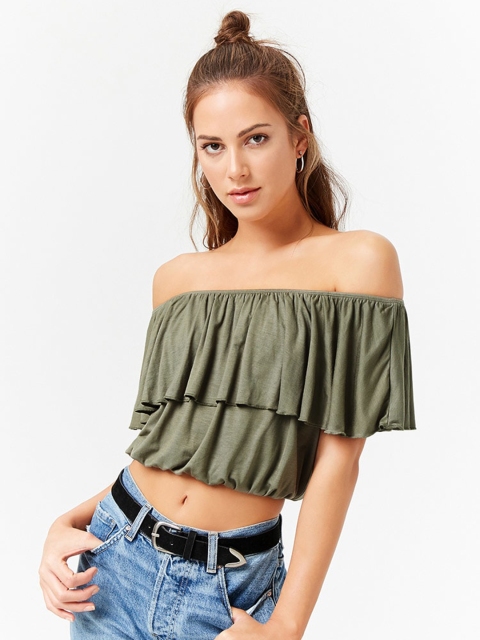 

FOREVER 21 Women Olive Green Solid Crop Bardot Top