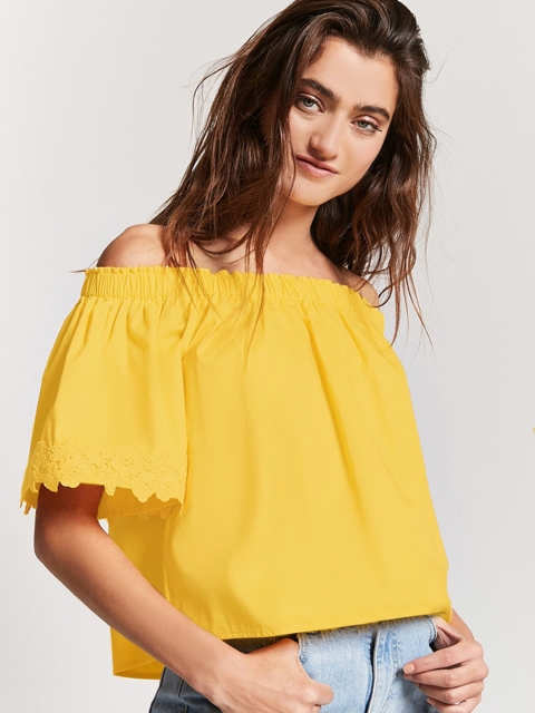 

FOREVER 21 Women Yellow Solid Bardot Top