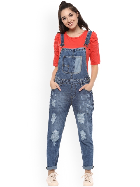 

People Women Blue Distressed Washed Denim Dungarees