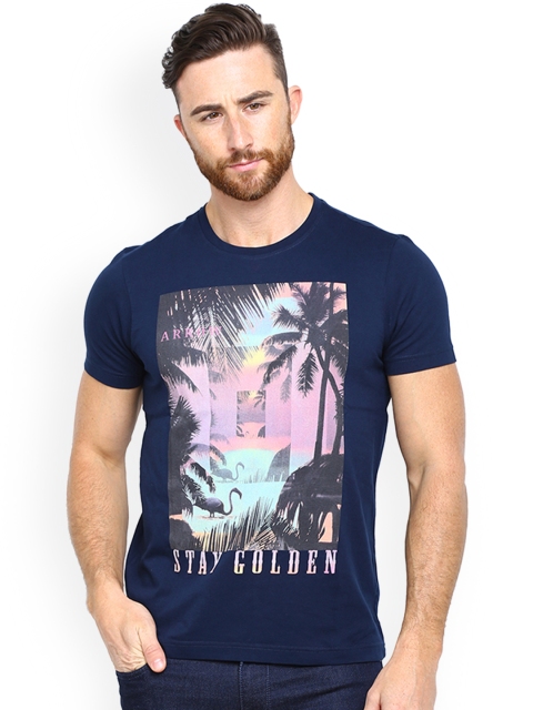 

Arrow Men Navy Blue Printed Round Neck T-shirt