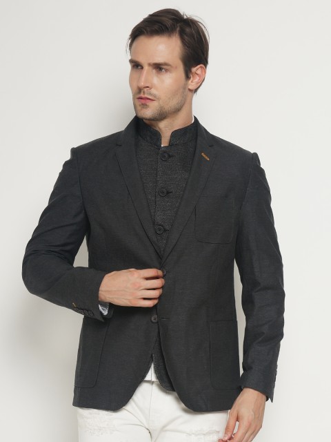 

The Indian Garage Co Men Black Solid Casual Pure Cotton Blazer