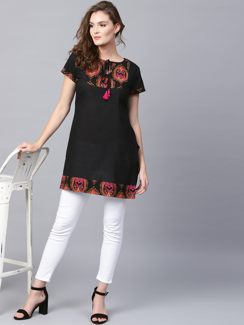 

Nayo Black Solid Tunic with Printed Detail