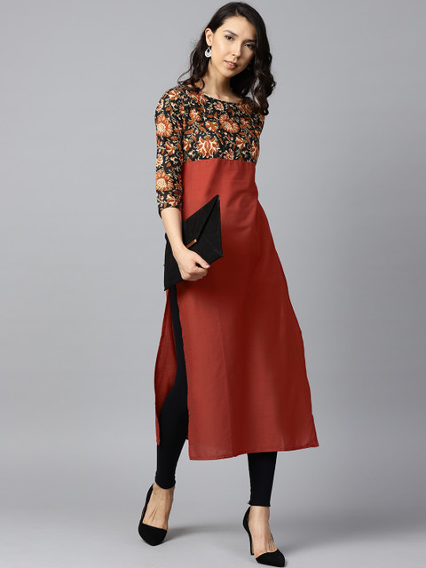 

Nayo Women Rust Red & Black Yoke Design Empire Straight Kurta