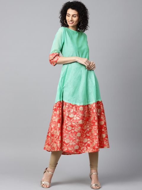 

Nayo Women Sea Green & Coral Red Printed Tiered Anarkali Kurta