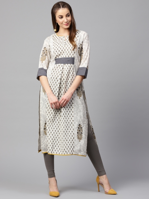 

Nayo Women Off-White & Grey Printed Straight Kurta