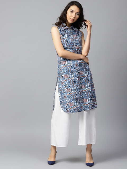 

Nayo Women Blue & White Printed Pathani Kurta