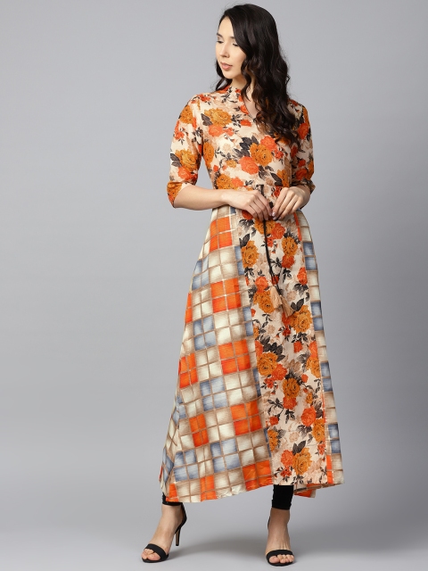 

Nayo Women Orange & Beige Floral Print A-Line Kurta