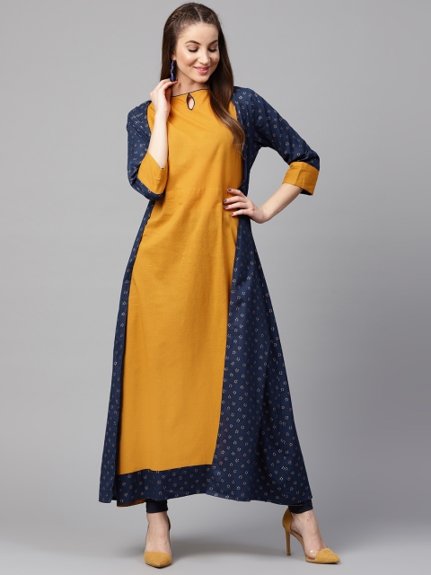 

Nayo Women Blue & Mustard Yellow Solid A-Line Kurta with Floral Layer