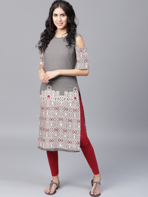 

Nayo Women Grey Ethnic Printed Straight Cold-shoulder Kurta