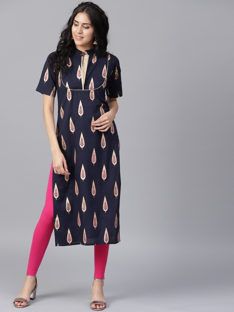 

Nayo Women Navy & Golden Printed Straight Kurta, Navy blue