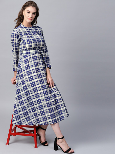 

Nayo Women Navy Blue & Off-White Checked Maxi Dress