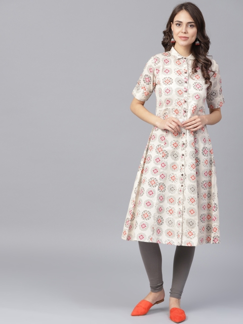 

Nayo Women Off-White & Grey Ethnic Printed A-Line Kurta