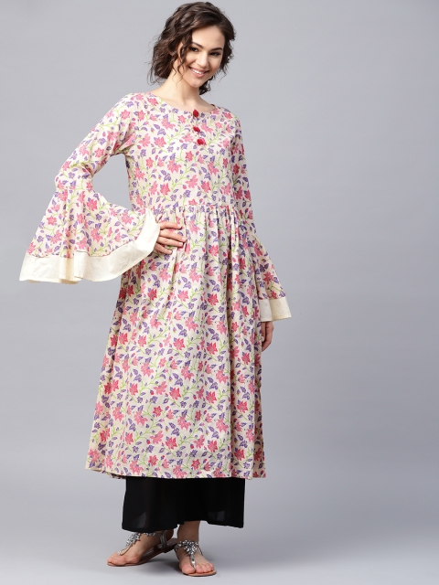 

Nayo Women Beige & Purple Printed A-Line Kurta