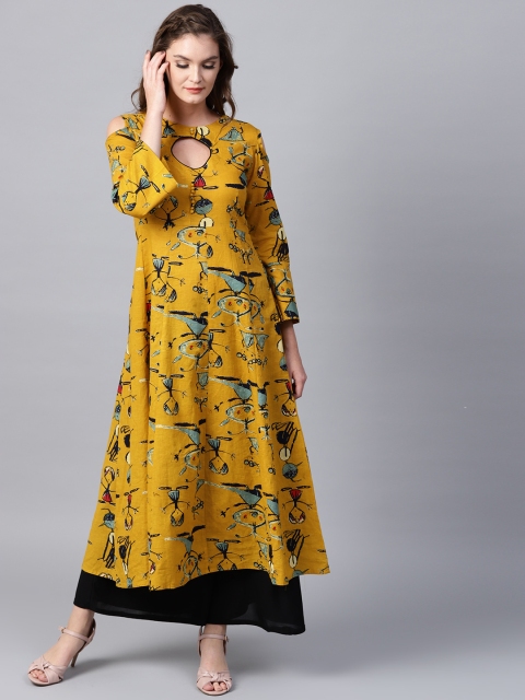 

Nayo Women Mustard Yellow& Blue Quirky Printed A-Line Kurta