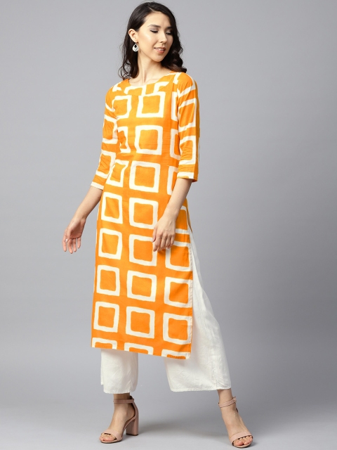 

Nayo Women Mustard Yellow & White Printed Straight Kurta