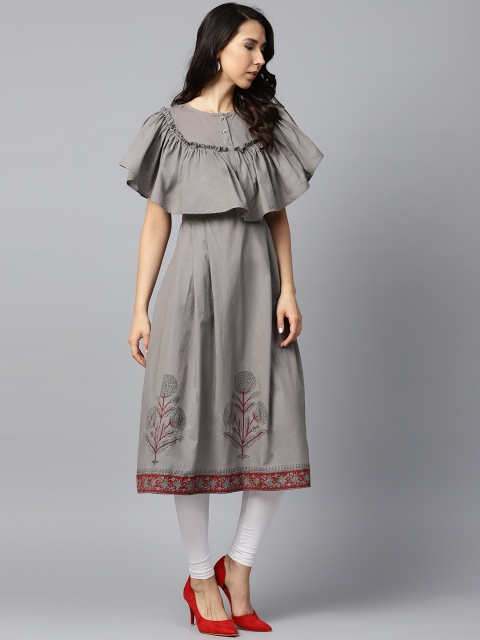 

Nayo Women Grey Solid Block Print Layered A-Line Kurta