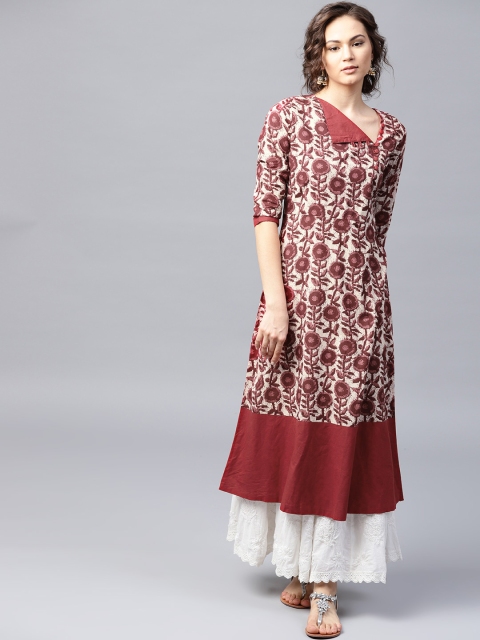 

Nayo Women Maroon & Beige Printed A-Line Kurta