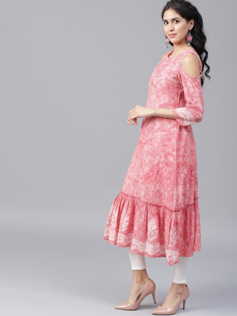 

Nayo Women Pink Printed A-Line Cold-shoulder Kurta