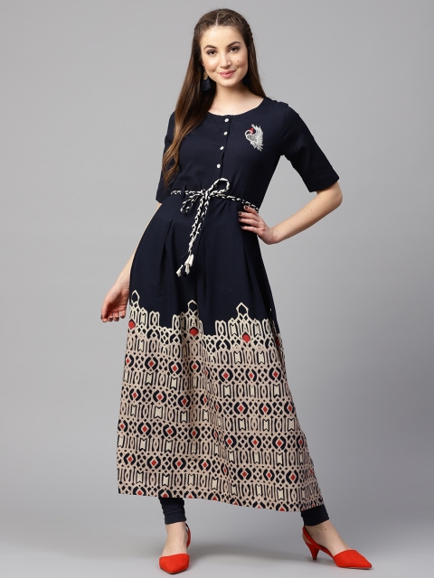 

Nayo Women Navy Blue & Beige Printed A-Line Kurta