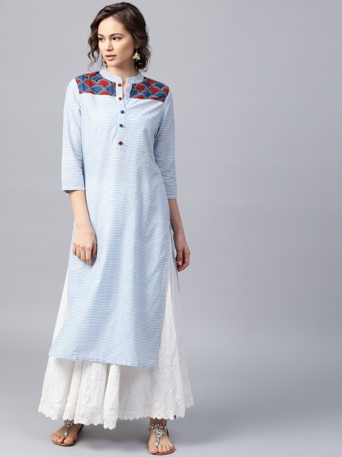 

Nayo Women Blue & White Striped Straight Kurta