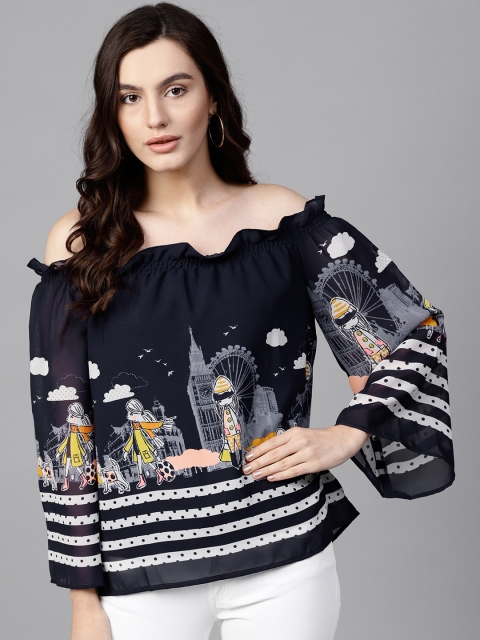 

Pannkh Women Navy & White Printed Bardot Top, Navy blue