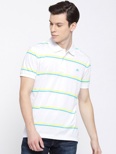 

Aeropostale Men White & Green Striped Polo Collar T-shirt