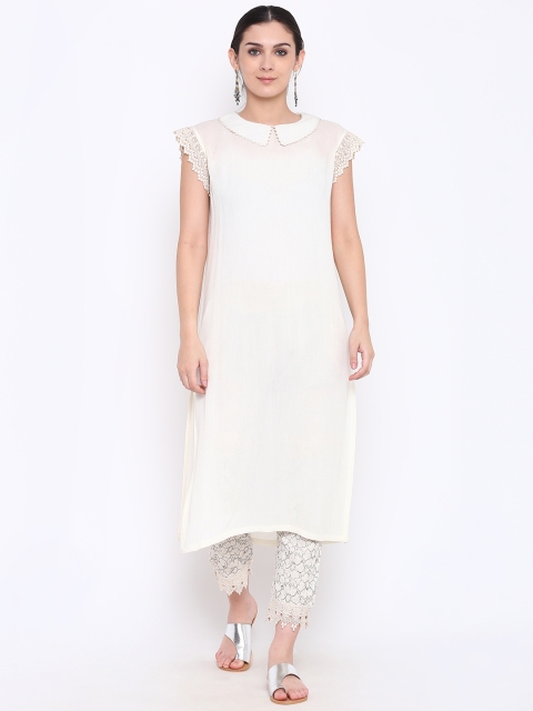 

Shakumbhari Women White Solid Straight Kurta