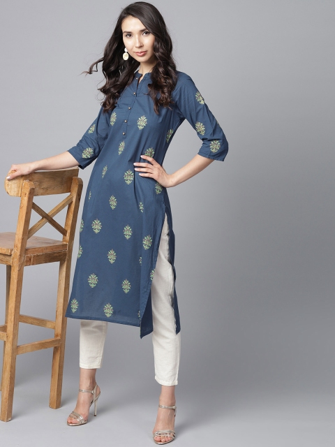 

Shree Women Navy Blue Printed Straight Kurta