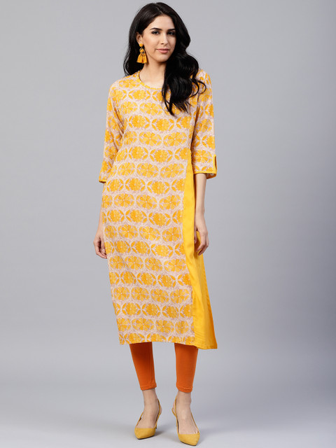 

Shree Women Mustard Yellow & Beige Printed Straight Kurta