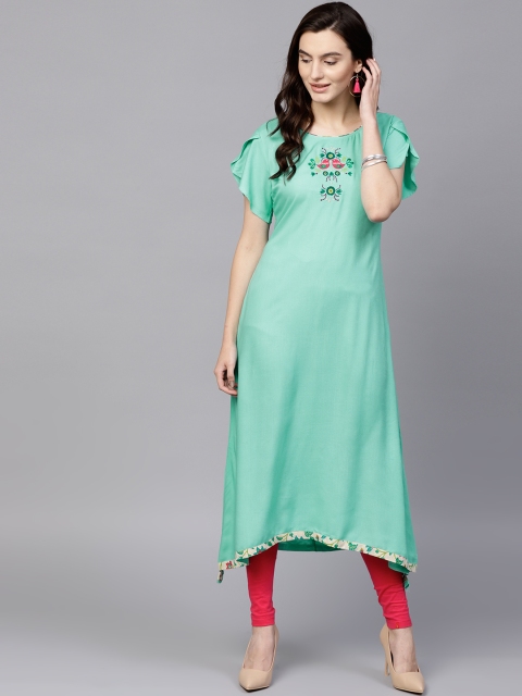 

Pannkh Women Sea Green Yoke Design A-Line Asymmetric Kurta