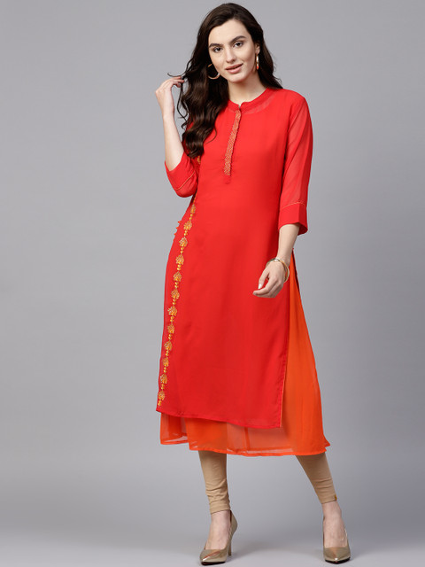 

Pannkh Women Red & Orange Solid Layered A-Line Kurta