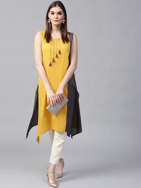 

Pannkh Women Mustard Yellow & Grey Printed Back A-Line Kurta