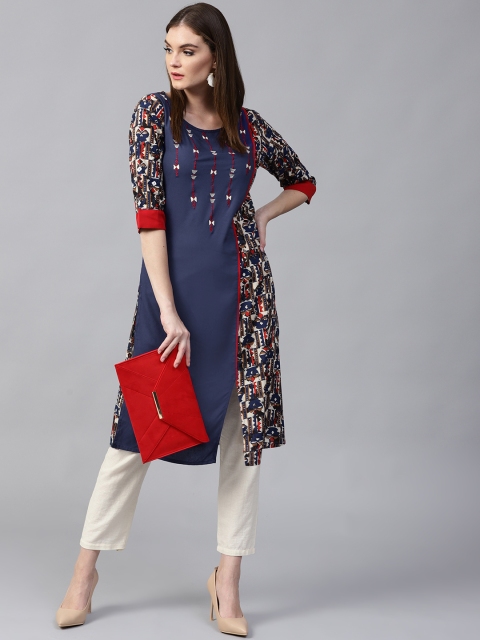 

Pannkh Women Navy Blue & Off-White Printed A-Line Kurta