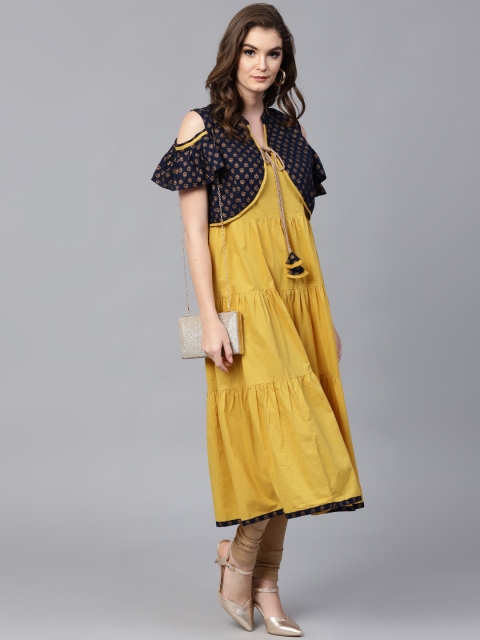 

Pannkh Women Mustard Yellow & Navy Blue Solid A-Line Kurta