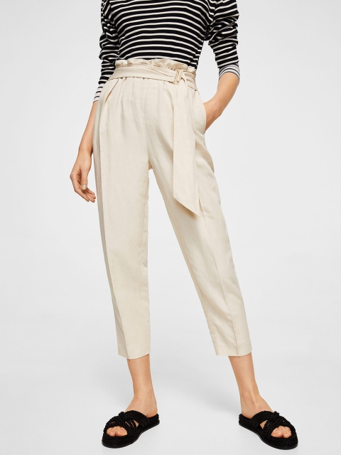 

MANGO Women Cream-Coloured Solid Cropped Peg Trousers