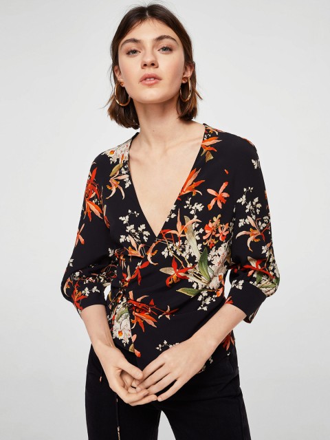 

MANGO Women Black Printed Wrap Top