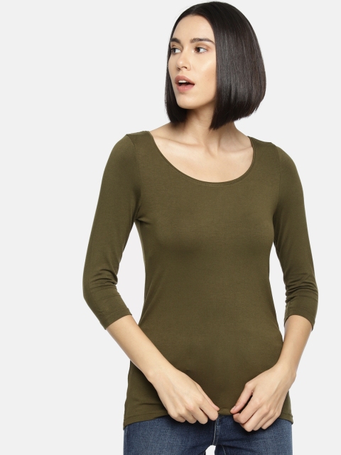 

CODE by Lifestyle Women Olive Green Solid Round Neck T-shirt