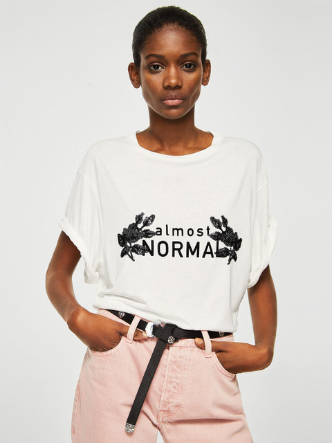 

MANGO Women White Printed Round Neck T-shirt