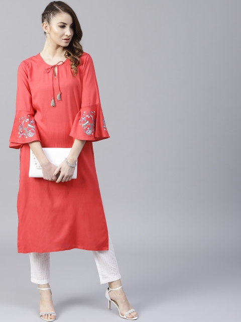 

AKS Women Coral Red Solid Straight Kurta