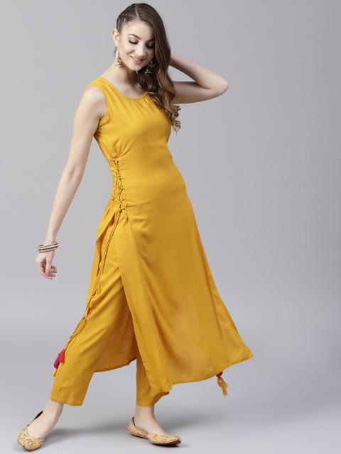 

AKS Women Mustard Solid Straight Kurta